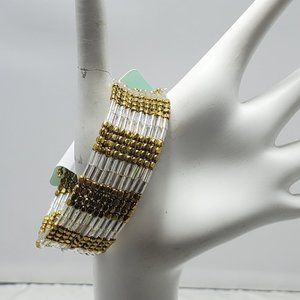 Signature open cuff bracelet 10 row gold and clear beads